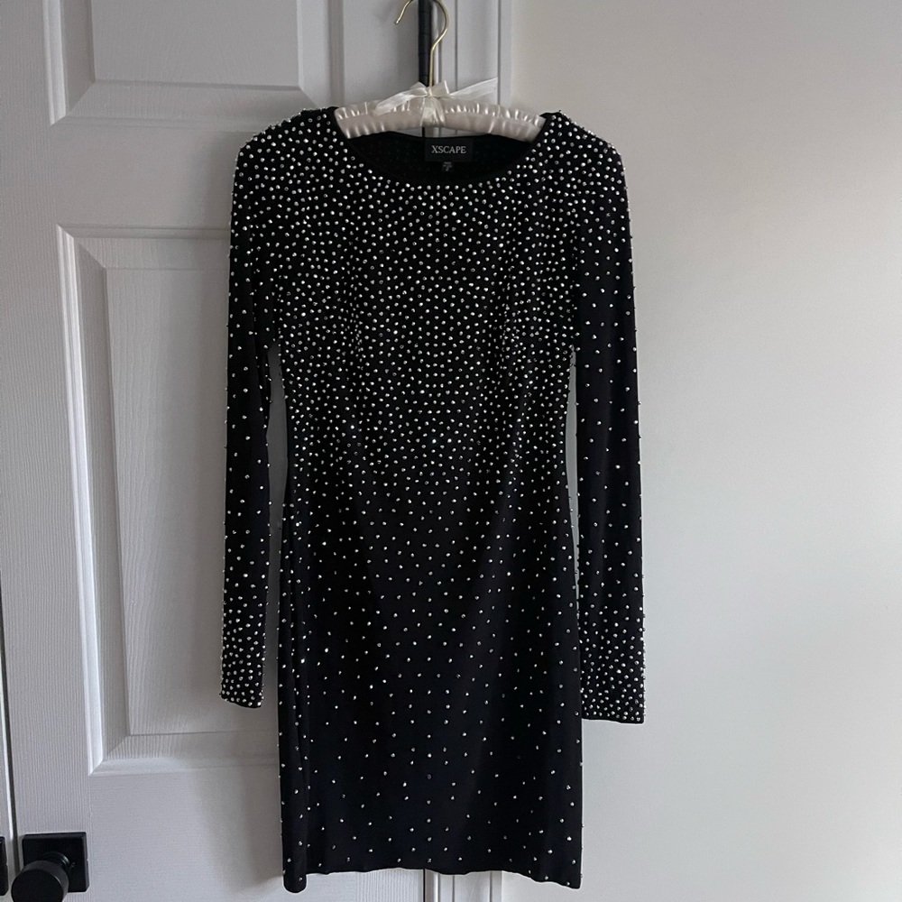 Black and silver beaded long sleeve cocktail dress